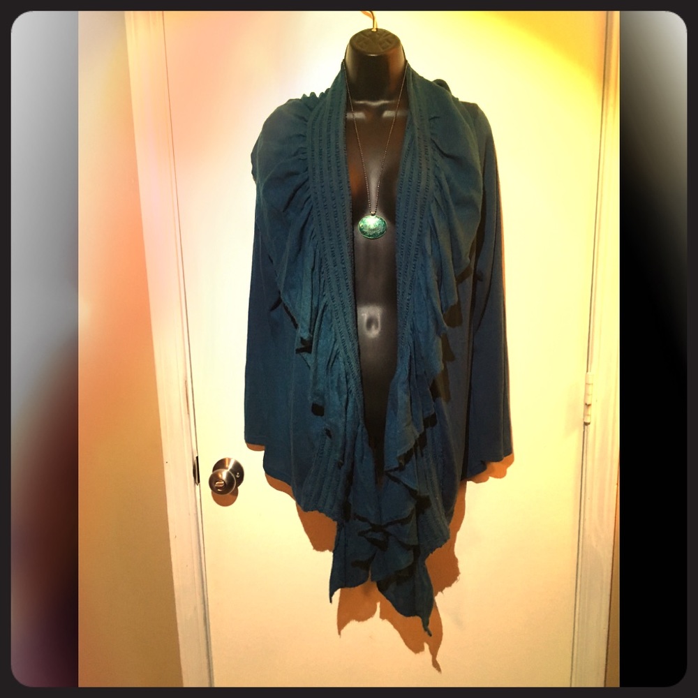 Ruffled Peacock Blue Thin Cardigan